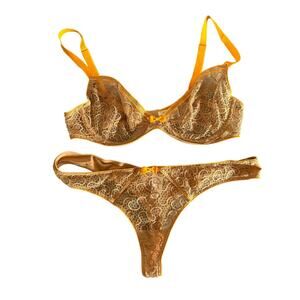 Huit 8 France Geometric Lace Bra 34C & Thong Panty Medium Set NEW Nude & Yellow